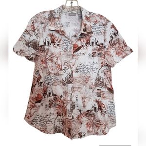 CHICO'S cream cotton brown Safari print short sleeve shirt SZ 12